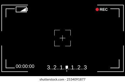 Camera viewfinder. Template focusing screen of the camera. Viewfinder camera recording. Video screen on a black background. vector illustration