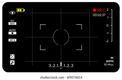 Camera Viewfinder Vector. Modern Camera Focusing Screen With Settings. Digital DSLR Camera Recording Illustration