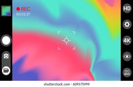 Camera Viewfinder Vector. Photo Or Video Camera Grid With Shooting Settings And Options On Screen. Recording Led blinking light. Realistic Corner Fall Off Background