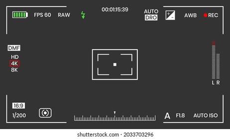 Camera viewfinder video or photo frame recorder flat style design vector illustration. Digital camera viewfinder with exposure settings and focusing grid template.