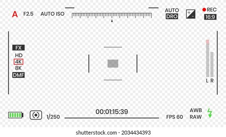 Camera viewfinder video or photo frame recorder flat style design vector illustration. Digital camera viewfinder with exposure settings and focusing grid template.