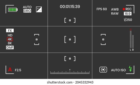 Camera viewfinder video or photo frame recorder flat style design vector illustration. Digital camera viewfinder with exposure settings and focusing grid template.