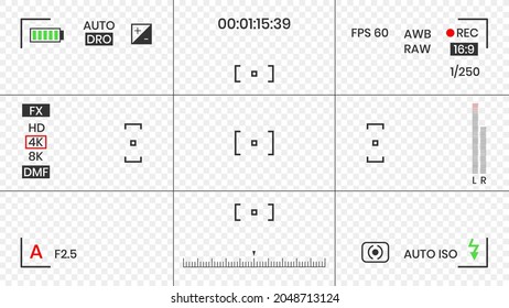 Camera Sucher Video oder Foto Frame Recorder flach Design Vektorgrafik. Digitalkamera-Sucher mit Belichtungseinstellungen und Rastervorlage.