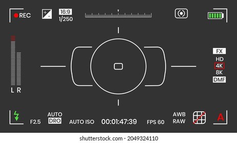 Cámara visor vídeo o fotograma grabadora de diseño de estilo plano ilustración vectorial. Visor de cámara digital con ajustes de exposición y plantilla de cuadrícula de enfoque.