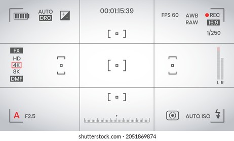 Cámara visor vídeo o fotograma grabadora de diseño de estilo plano ilustración vectorial. Visor de cámara digital con ajustes de exposición y plantilla de cuadrícula de enfoque.