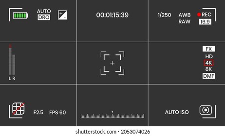Cámara visor vídeo o fotograma grabadora de diseño de estilo plano ilustración vectorial. Visor de cámara digital con ajustes de exposición y plantilla de cuadrícula de enfoque.
