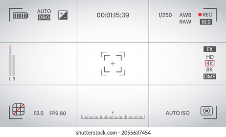 Camera viewfinder video or photo frame recorder flat style design vector illustration. Digital camera viewfinder with exposure settings and focusing grid template.