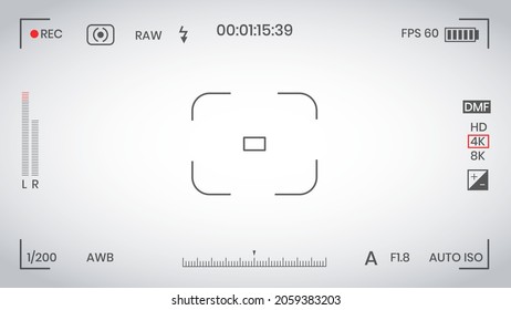Camera viewfinder video or photo frame recorder flat style design vector illustration. Digital camera viewfinder with exposure settings and focusing grid template.