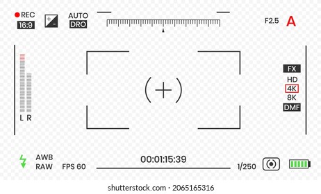 Camera viewfinder video or photo frame recorder flat style design vector illustration. Digital camera viewfinder with exposure settings and focusing grid template.