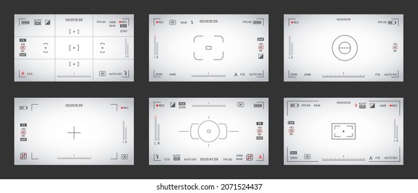 Camera viewfinder video or photo frame recorder flat style design vector illustration set. Digital camera viewfinder with exposure settings and focusing grid template.