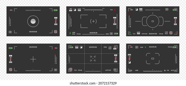 Camera viewfinder video or photo frame recorder flat style design vector illustration set. Digital camera viewfinder with exposure settings and focusing grid template.