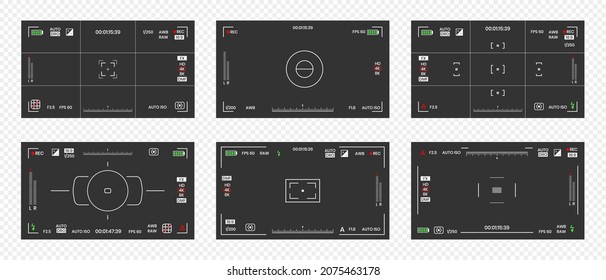 Camera viewfinder video or photo frame recorder flat style design vector illustration set. Digital camera viewfinder with exposure settings and focusing grid template.