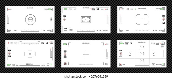 Camera viewfinder video or photo frame recorder flat style design vector illustration set. Digital camera viewfinder with exposure settings and focusing grid template.