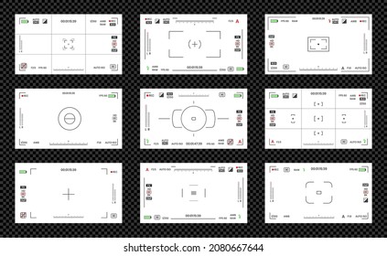 Camera viewfinder video or photo frame recorder flat style design vector illustration set. Digital camera viewfinder with exposure settings and focusing grid template.