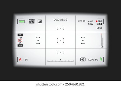 Camera viewfinder video or photo frame recorder flat style design vector illustration. Digital camera viewfinder with exposure settings and focusing grid template.