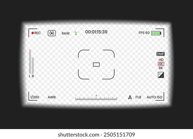 Video Visualizador de cámara o Ilustración vectorial de diseño de estilo plano de grabador de fotogramas. Visor de cámara digital con Configuraciones de exposición y Plantilla de rejilla de enfoque.
