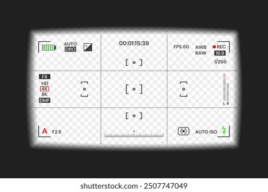 Camera viewfinder video or photo frame recorder flat style design vector illustration. Digital camera viewfinder with exposure settings and focusing grid template.