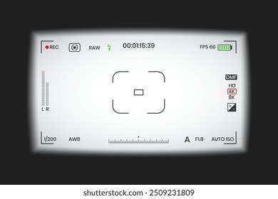 Camera viewfinder video or photo frame recorder flat style design vector illustration. Digital camera viewfinder with exposure settings and focusing grid template.