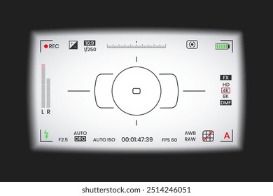 Camera viewfinder video or photo frame recorder flat style design vector illustration. Digital camera viewfinder with exposure settings and focusing grid template.