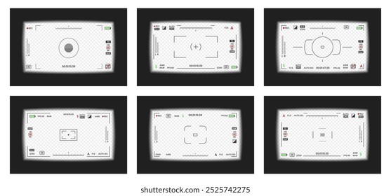 Vídeo Camera viewfinder ou foto quadro gravador estilo plano design vetor ilustração conjunto. Coleção de visor de câmera digital com configurações de exposição e modelo de grade de foco.