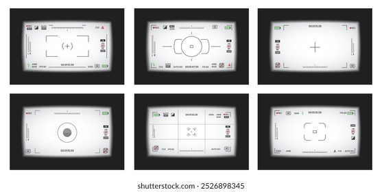 Camera viewfinder video or photo frame recorder flat style design vector illustration set. Digital camera viewfinder collection with exposure settings and focusing grid template.