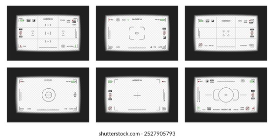 Vídeo Camera viewfinder ou foto quadro gravador estilo plano design vetor ilustração conjunto. Coleção de visor de câmera digital com configurações de exposição e modelo de grade de foco.