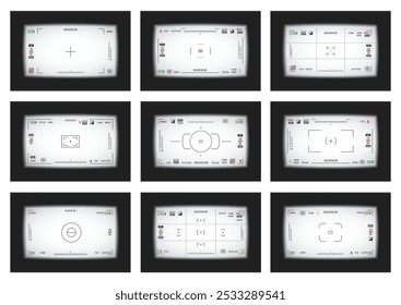 Vídeo Camera viewfinder ou foto quadro gravador estilo plano design vetor ilustração conjunto. Coleção de visor de câmera digital com configurações de exposição e modelo de grade de foco.