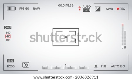 Camera viewfinder video or photo frame recorder flat style design vector illustration. Digital camera viewfinder with exposure settings and focusing grid template.