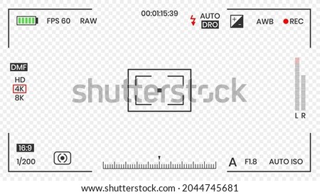 Camera viewfinder video or photo frame recorder flat style design vector illustration. Digital camera viewfinder with exposure settings and focusing grid template.