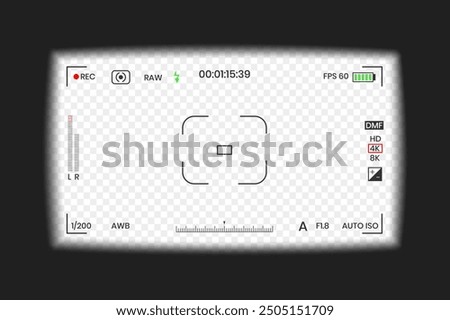 Camera viewfinder video or photo frame recorder flat style design vector illustration. Digital camera viewfinder with exposure settings and focusing grid template.