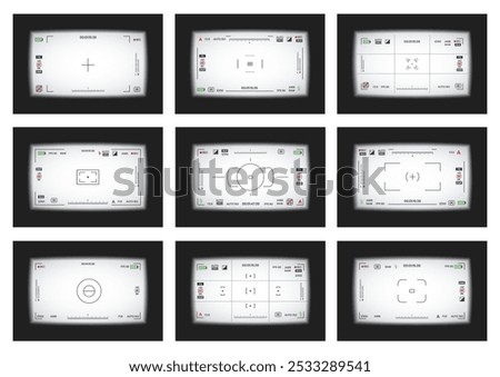 Camera viewfinder video or photo frame recorder flat style design vector illustration set. Digital camera viewfinder collection with exposure settings and focusing grid template.