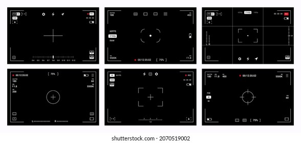 Camera viewfinder. Video record and photography shoot. DSLR screens. Digital camcorder interface. Focusing frame mockup with adjustment buttons. Vector film and photo blank windows set