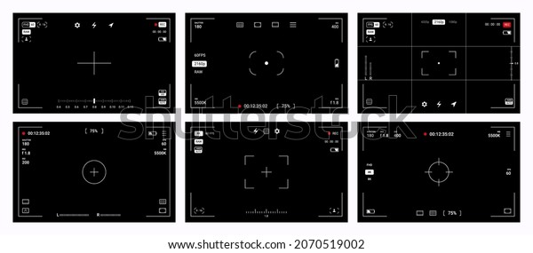 Camera
viewfinder. Video record and photography shoot. DSLR screens.
Digital camcorder interface. Focusing frame mockup with adjustment
buttons. Vector film and photo blank windows
set