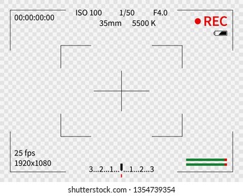 Kamerasucher. Videokameras mit Viewer-Fokus-Bildaufnahmen Aussehen Fotos mit digitalem Display-Finder-Ansicht Zoom, Vektorillustration-Rec-Template-Design