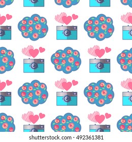 Camera vintage with bouquets of roses and hearts. Seamless pattern. Vector illustration on white background. Cute background with love to the camera.