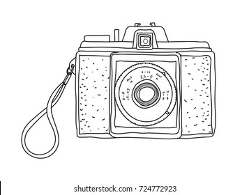 camera vintage hand drawn vector line art illustration