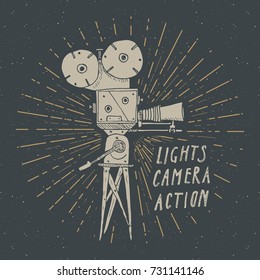 Camera vintage label, Hand drawn sketch, grunge textured retro badge, typography design t-shirt print, vector illustration.