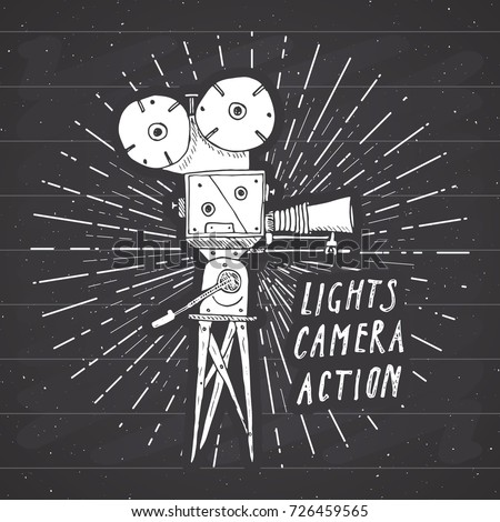 Camera vintage label, Hand drawn sketch, grunge textured retro badge, typography design t-shirt print, vector illustration on chalkboard background.