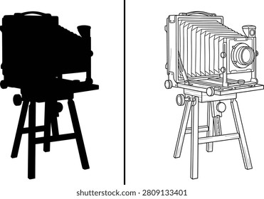 Camera Vintage Large Format with Accordion Bellows and a Sturdy Wooden Tripod for Historical Photography Concepts
