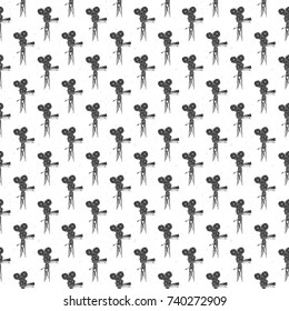 Camera vintage seamless pattern, handdrawn sketch, retro movie and film industry, vector illustration.
