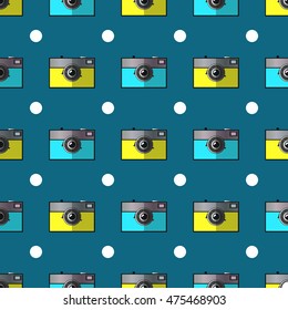 Camera vintage. Seamless pattern. Vector illustration. Background with polka dots.