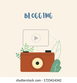 Camera for vlogging, Blogging vector illustration for social media in vintage flat style  