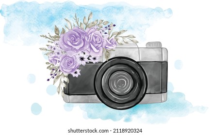 Camera with watercolor flowers. watercolor camera logo