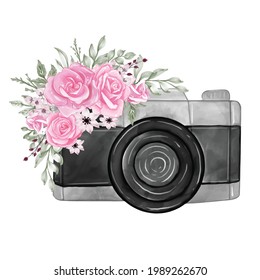 Camera with watercolor flowers rose pink illustration