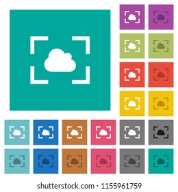 Camera white balance cloudy mode multi colored flat icons on plain square backgrounds. Included white and darker icon variations for hover or active effects.