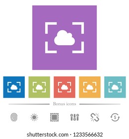 Camera white balance cloudy mode flat white icons in square backgrounds. 6 bonus icons included.