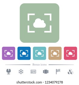 Camera white balance cloudy mode white flat icons on color rounded square backgrounds. 6 bonus icons included
