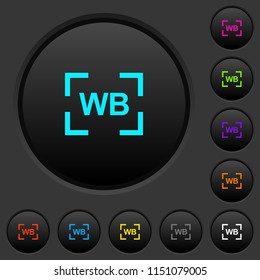 Camera white balance setting dark push buttons with vivid color icons on dark grey background
