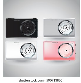 Camera in white color, black, grey, pink color. Vector isolated illustration