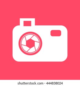 Camera white icon on magenta color background. Eps-10.